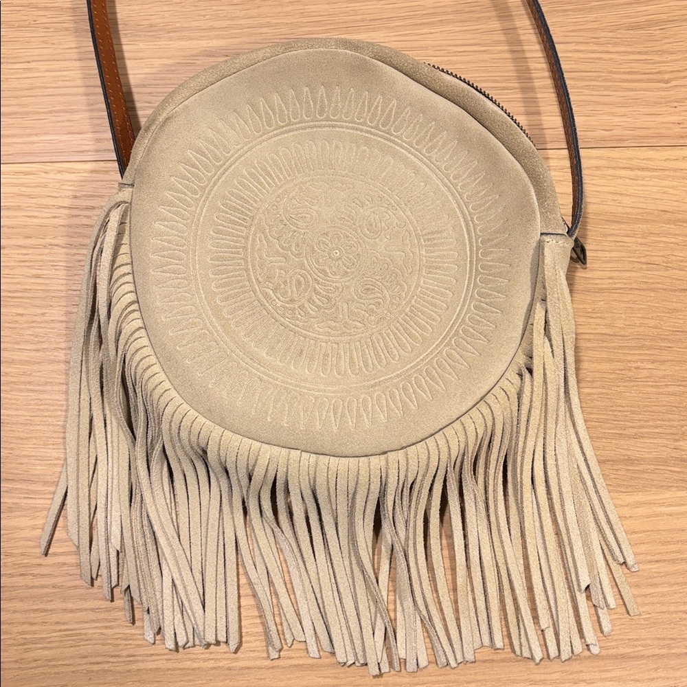 Patricia Nash Beige Suede Fringe Round Crossbody